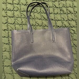 Neiman Marcus Perforated Navy Leather Scalloped Trim Tote Bag
